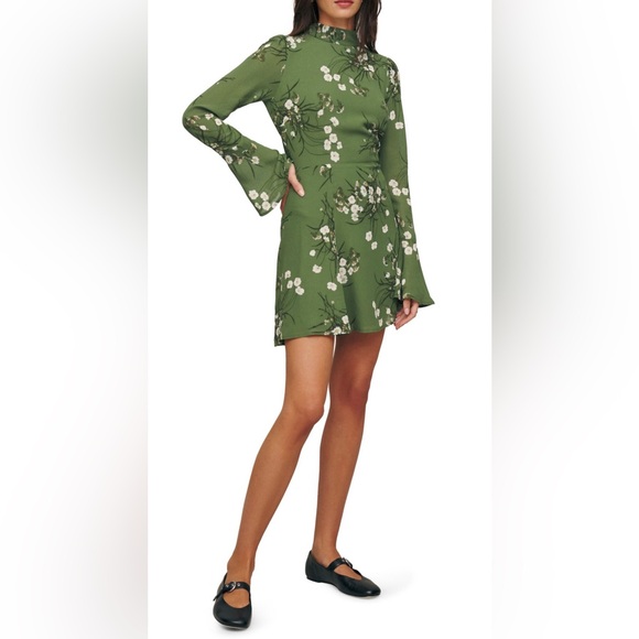 Reformation Persis Dress in Lomita Green Floral Mockneck Long Sleeve Size 10 - Picture 6 of 15